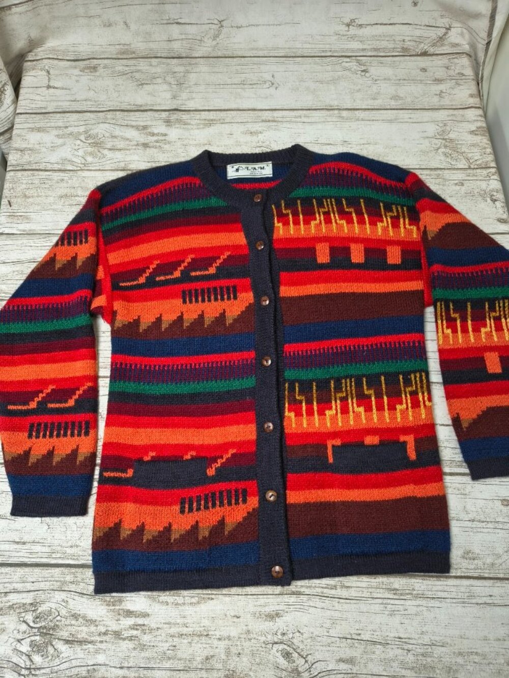 L.A.M. 100% Alpaca Bright Colorful Southwestern Aztec Cardigan Size Large